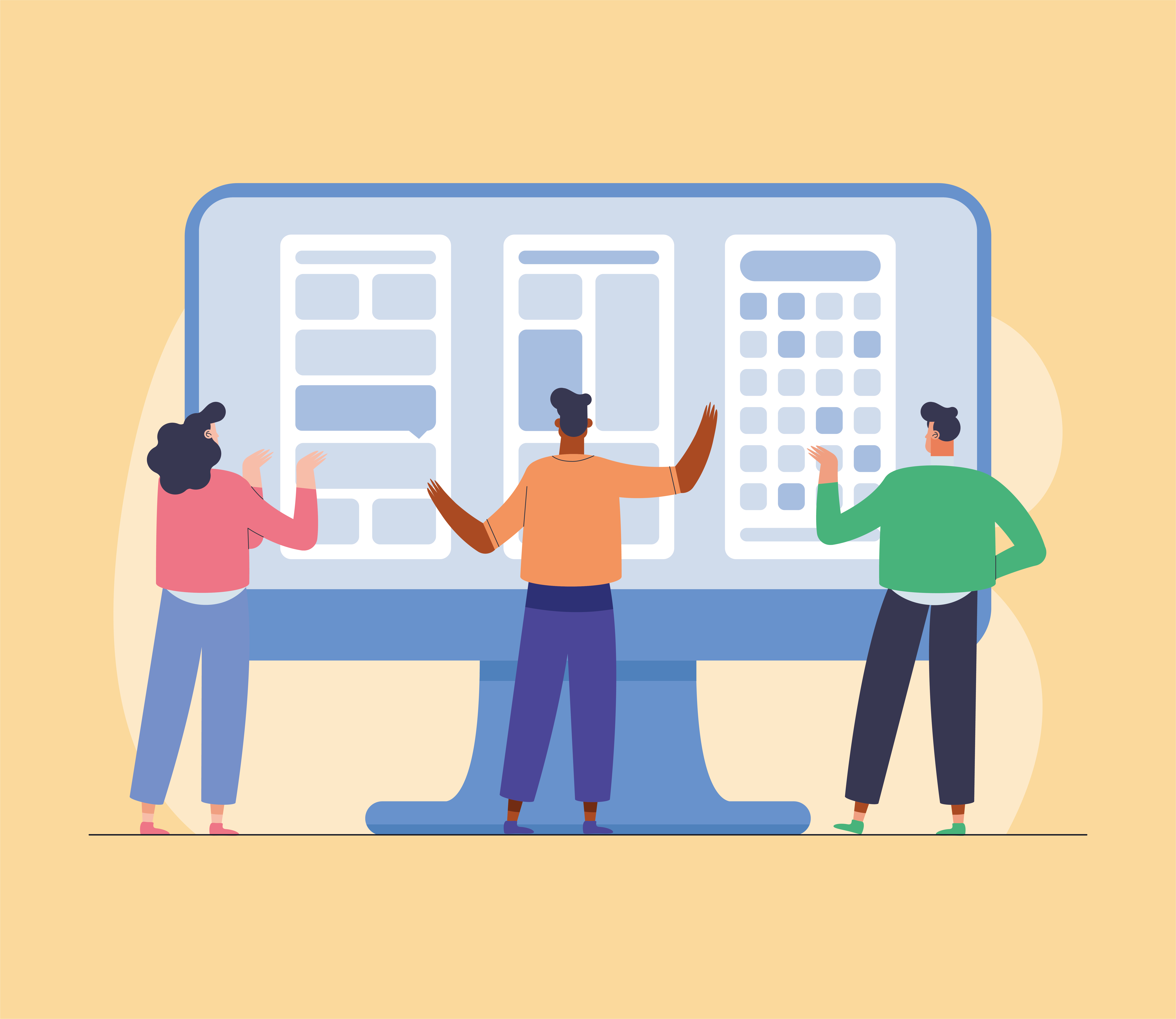 people reviewing a wireframe on a board